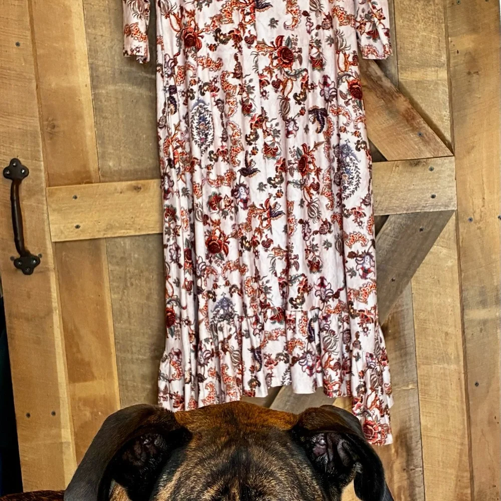 French Floral Long Sleeve Dress with Splashes of Orange & Brown - Picture 4 of 7